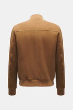 Eddy Monetti Veloursleder-Blouson hellbraun Rückansicht, Slim Fit, Stehkragen aus Rippstrick, elastische Bündchen, luxuriöses Veloursleder, Cashmere-Futter.