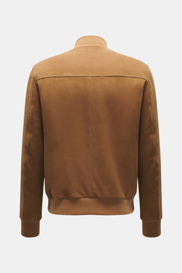 Eddy Monetti Veloursleder-Blouson hellbraun Rückansicht, Slim Fit, Stehkragen aus Rippstrick, elastische Bündchen, luxuriöses Veloursleder, Cashmere-Futter.