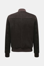 Eddy Monetti Veloursleder-Blouson dunkelbraun Rückansicht, Stehkragen aus Rippstrick, Slim Fit, geschmeidiges Veloursleder, elastische Bündchen, wärmendes Cashmere-Futter.