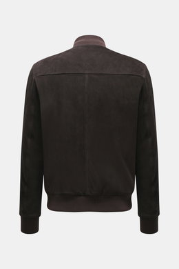 Eddy Monetti Veloursleder-Blouson dunkelbraun Rückansicht, Stehkragen aus Rippstrick, Slim Fit, geschmeidiges Veloursleder, elastische Bündchen, wärmendes Cashmere-Futter.