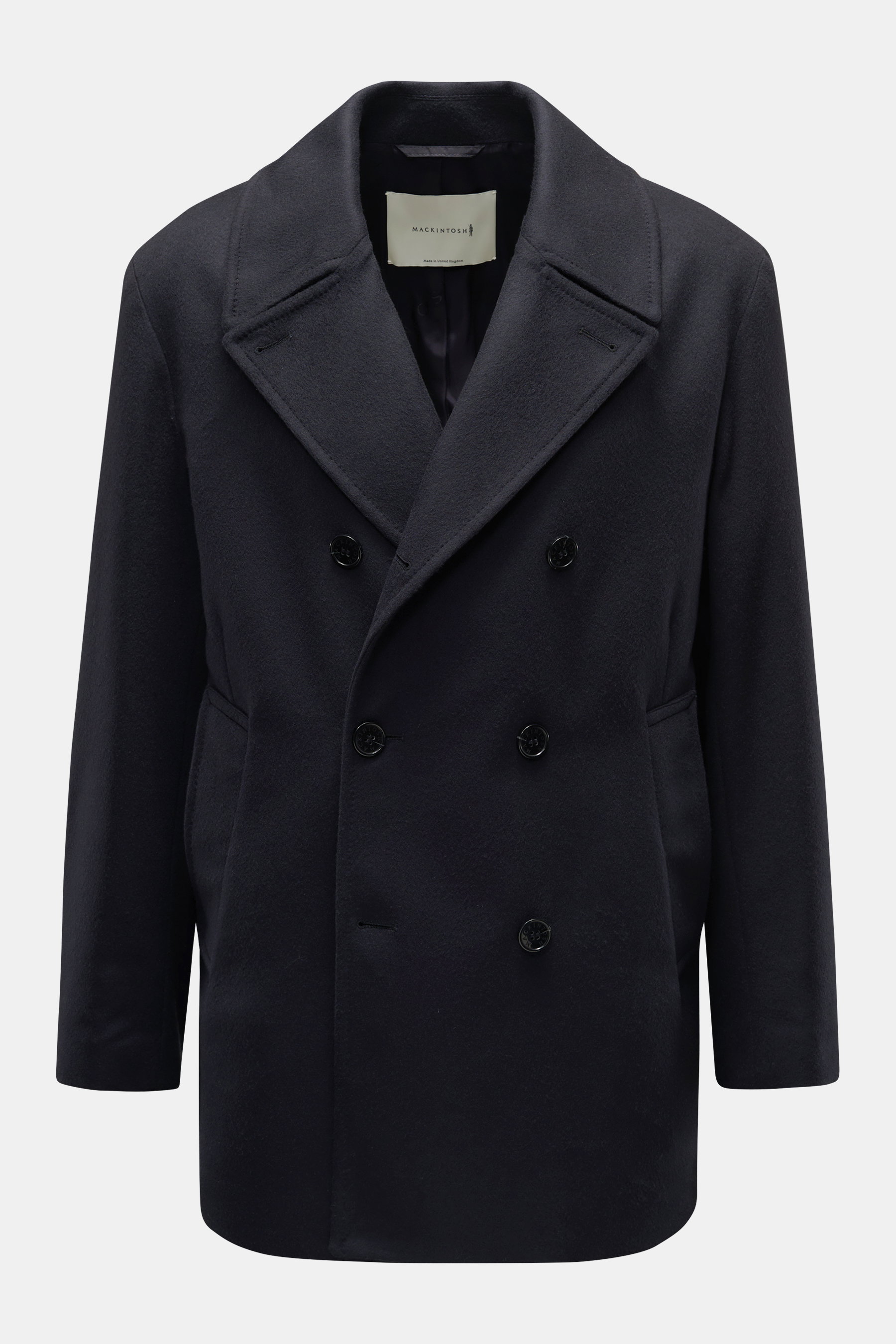 Mackintosh Caban-Kurzmantel 'Dalton' navy, frontal, Slim Fit, Wolle-Cashmere-Mix, weicher Griff, zweireihig, variables Revers, schräge Taschen, Rückenmittelschlitz, gebrandeter Futterstoff.