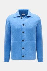 Frontansicht des blauen 04651/ A trip in a bag Cardigan 'Boiled Blouson' aus Woll-Mix mit Umlegekragen, sechs Knöpfen, Rippbündchen, Slim Fit und schrägen Hüfttaschen.