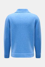 Rückansicht des 04651/ A trip in a bag Cardigan 'Boiled Blouson' blau aus Woll-Mix mit Slim Fit, Umlegekragen, Rippbündchen und schrägen Taschen.