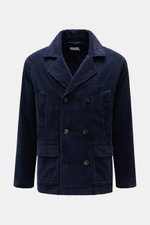 Frontansicht der 04651/ A trip in a bag Cord-Cabanjacke navy aus Breitcord Baumwolle, Slim Fit, mit Stretch, weichem Griff, garment dyed, zweireihiger Drei-Knopf-Leiste, variablem Reverskragen, schrägen Leistentaschen, Hüfttaschen mit Patte, Ärmeln mit Kn