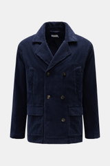 Frontansicht der 04651/ A trip in a bag Cord-Cabanjacke navy aus Breitcord Baumwolle, Slim Fit, mit Stretch, weichem Griff, garment dyed, zweireihiger Drei-Knopf-Leiste, variablem Reverskragen, schrägen Leistentaschen, Hüfttaschen mit Patte, Ärmeln mit Kn