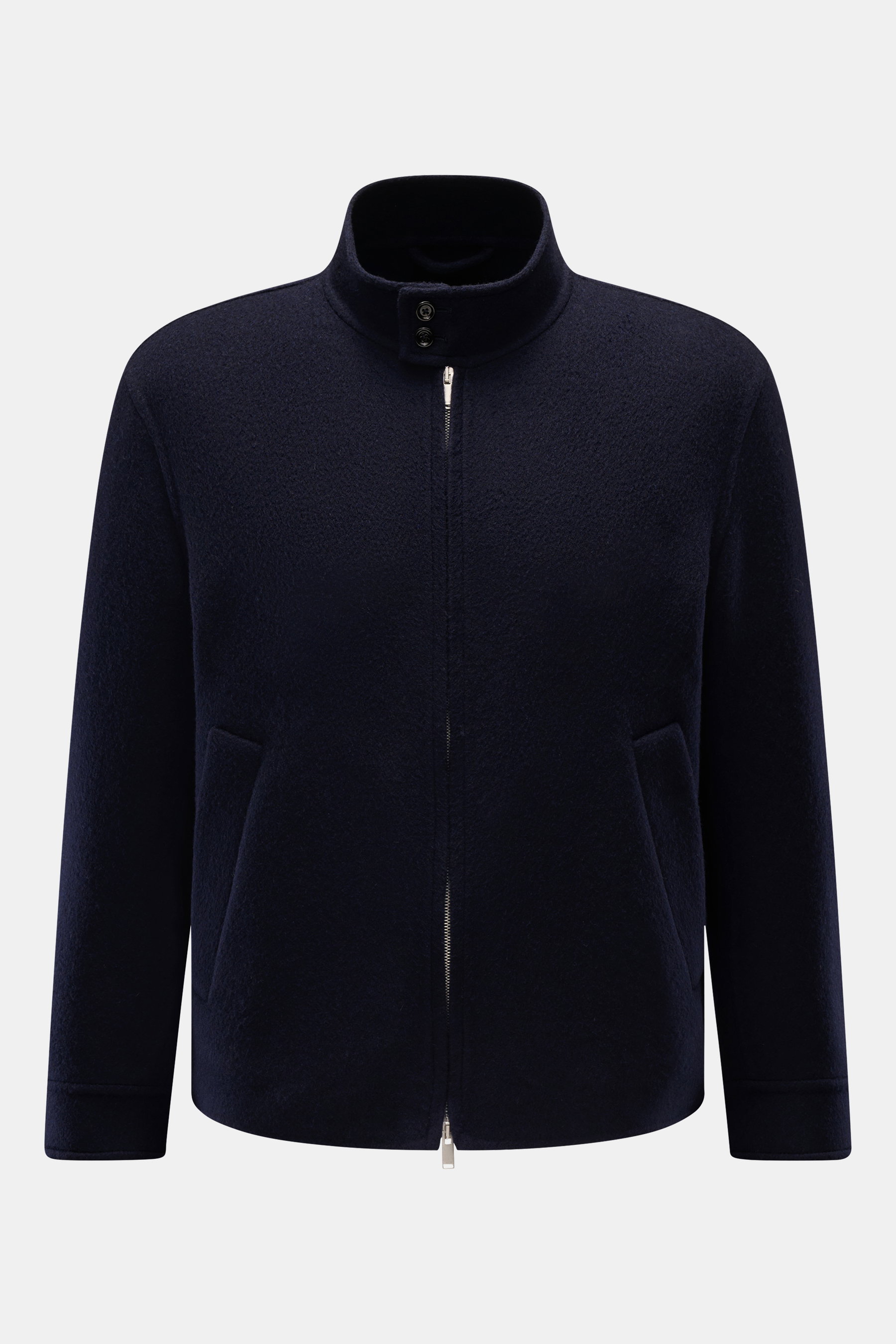 Lardini Flanell-Jacke 'Aaberit' navy, frontale Sicht, weicher Woll-Cashmere-Flanell, Stehkragen, verdeckter Reißverschluss, schräge Taschen, ungefüttert.