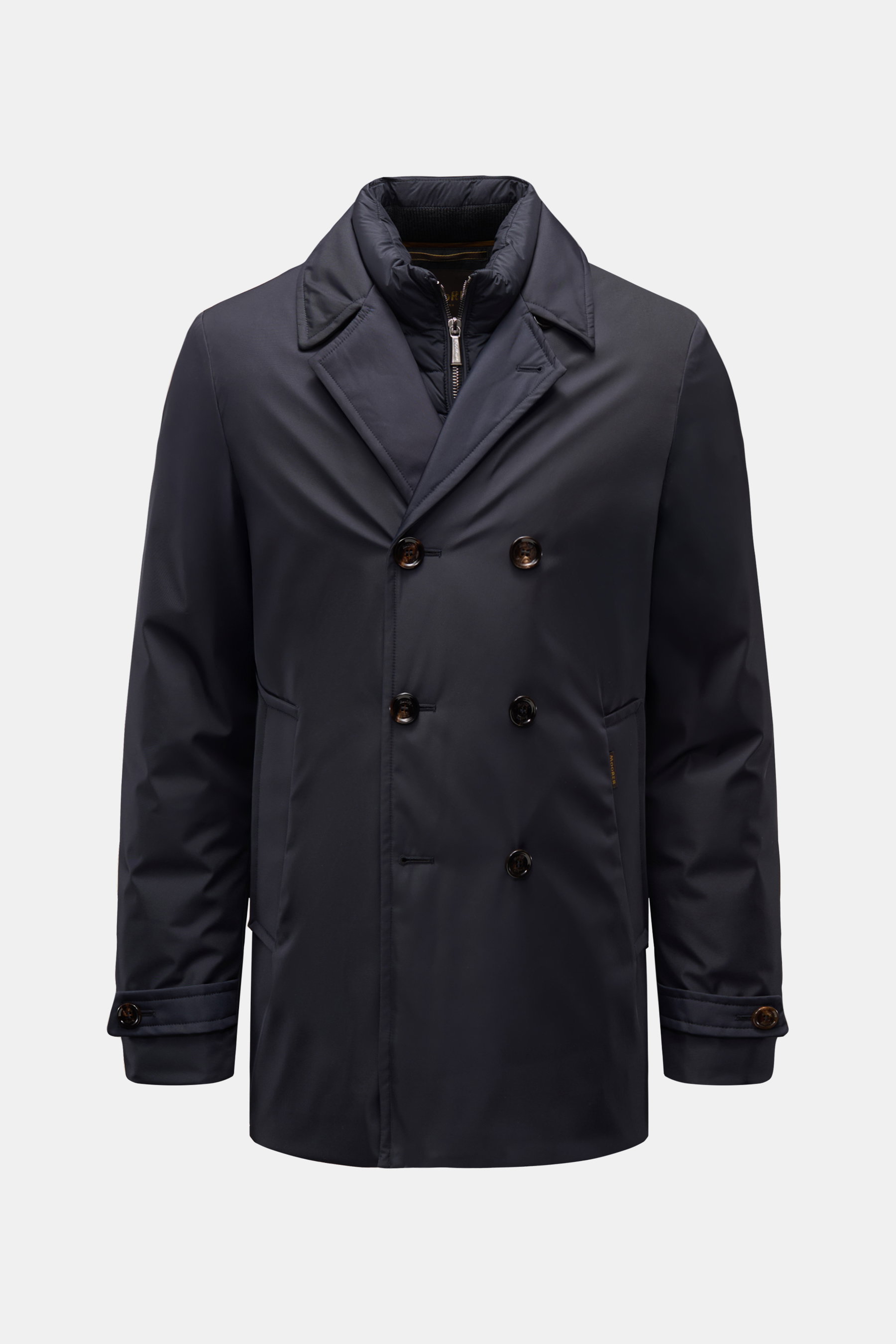 Moorer Daunenjacke 'Bolgi' navy, frontale Nahaufnahme, Slim Fit, wind- und wasserabweisend, Daunenfüllung, zweireihiger Drei-Knopf-Stil.