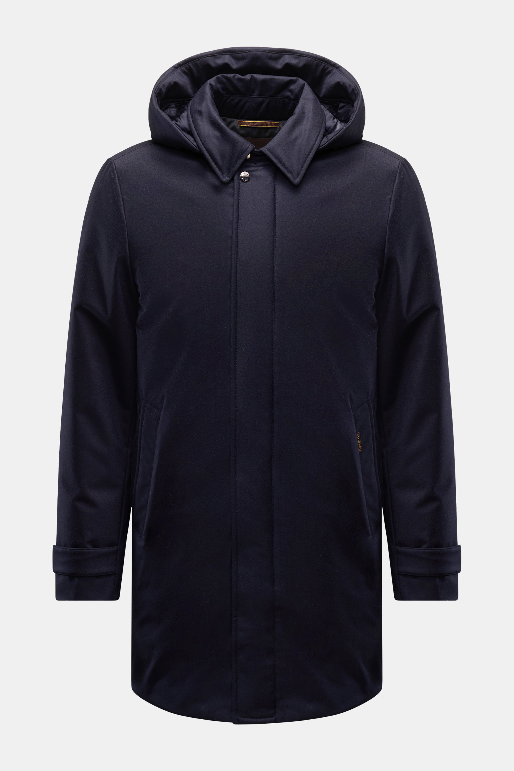 Moorer Daunenparka 'Vido' dark navy, frontal fotografiert, mit abnehmbarer Kapuze, Woll-Cashmere-Mix, wasserabweisend und slim fit.