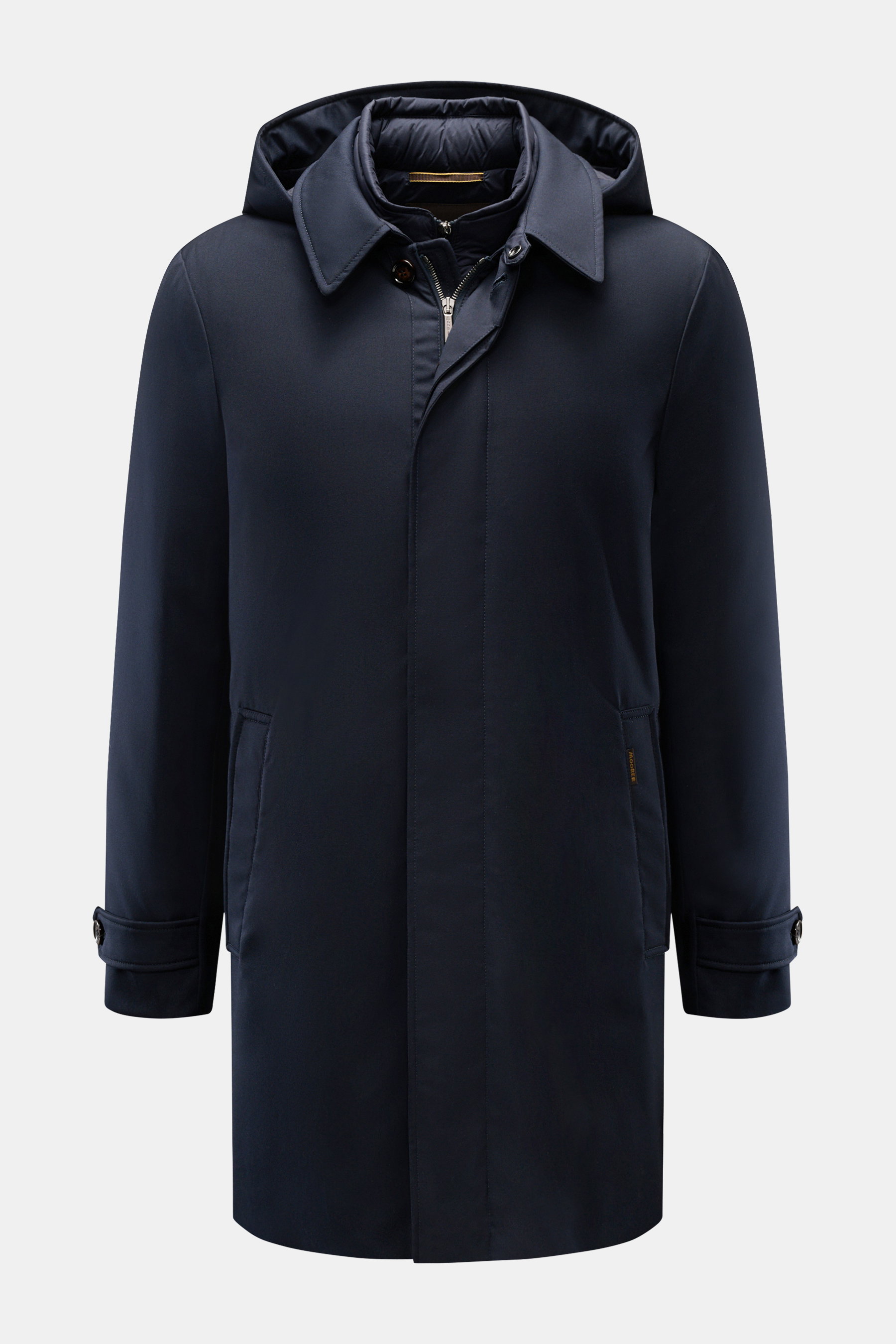 Moorer Kurzmantel 'Elson' navy von vorne, 2-in-1 mit herausnehmbarer Daunenjacke, wind- und wasserabweisend, Slim Fit, Kapuze, Taillenweite regulierbar.
