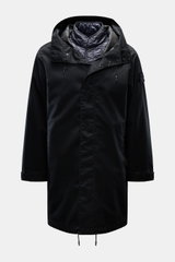Stone Island Parka 'Twill Wool-TC Ghost Piece' navy, frontale Ansicht, leichter Wollparka mit herausnehmbarem, vegan gefüttertem Innenfutter, Kapuze, Rippbündchen und Ton-in-Ton Kompass-Badge.