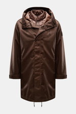 Stone Island Parka 'Twill Wool-TC Ghost Piece' dunkelbraun, frontal fotografiert, mit Kapuze, herausnehmbarem Futter, Primaloft-Füllung und Regular Fit.
