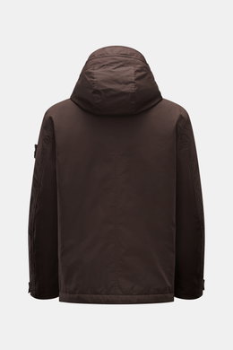 Stone Island Jacke "Weatherproof Cotton Canvas Ghost Piece" dunkelbraun, Rückansicht, wind- und wasserabweisender Baumwoll-Canvas, Kapuze, Slim Fit, Kompass-Badge.