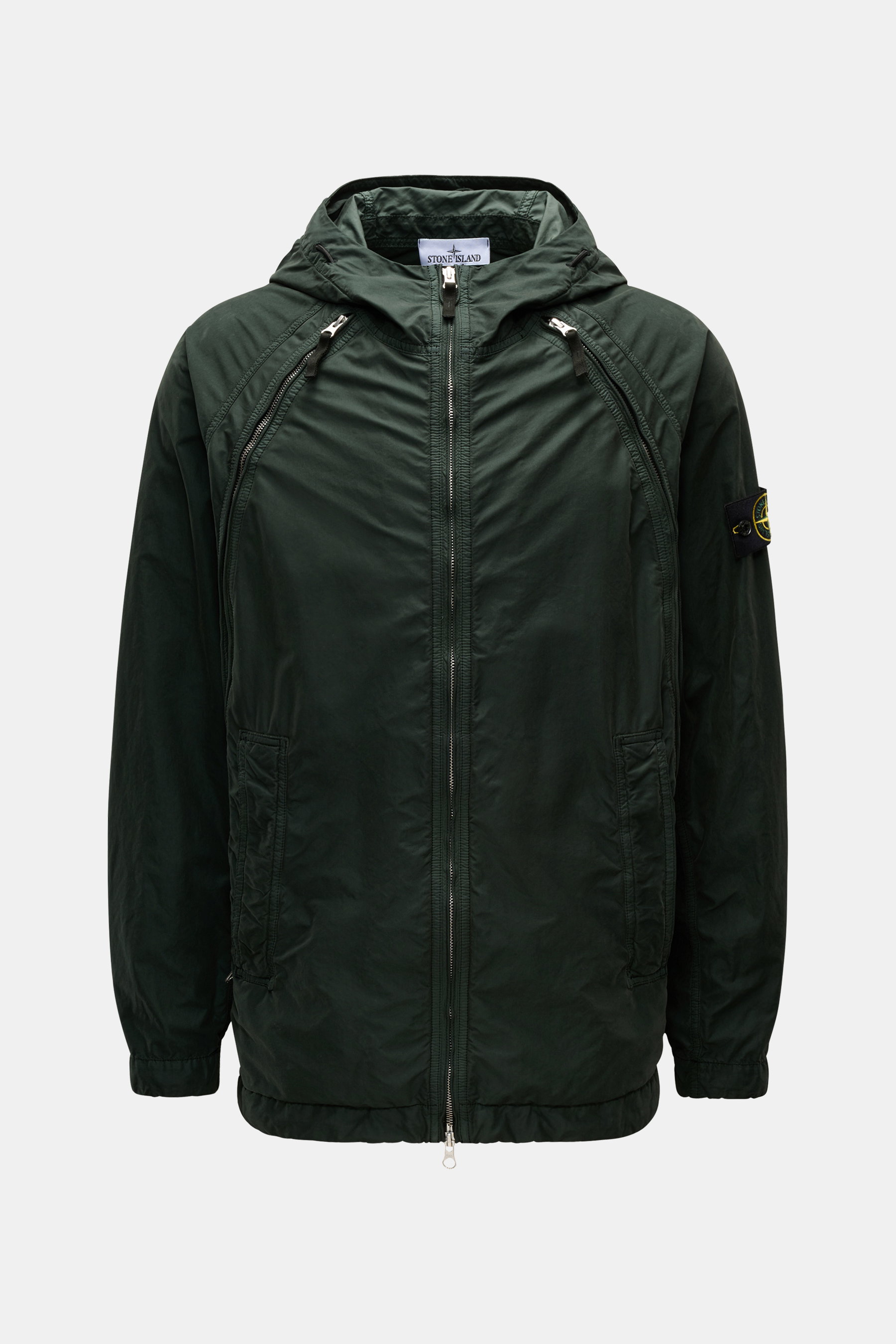 Stone Island Jacke 'David Light-TC' dunkelgrün, frontale Aufnahme, leichte, ungefütterte Jacke mit Kapuze, Anti-Drop-Finish, Zipper-Taschen, Regular Fit.