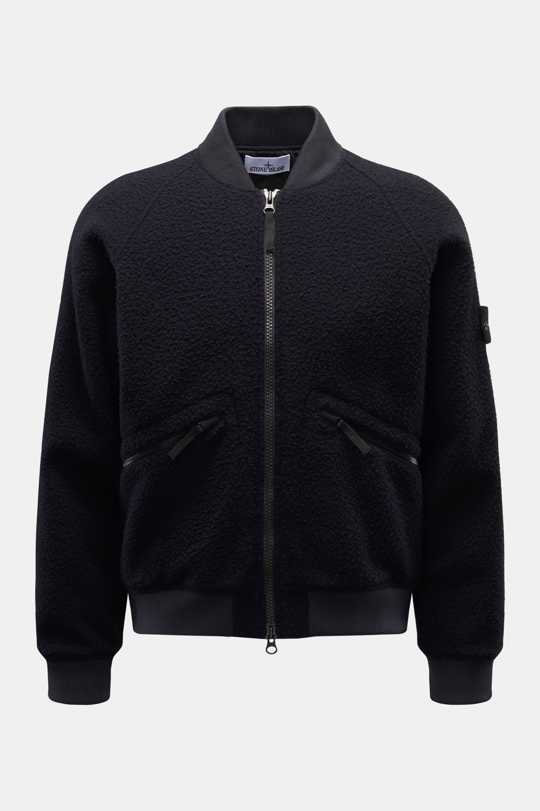 Stone Island Blouson 'Panno Ratinato' navy, frontale Ansicht, strukturierter Woll-Mix, Raglanärmel, wasserabweisend, Zwei-Wege-Reißverschluss, Kompass-Badge.