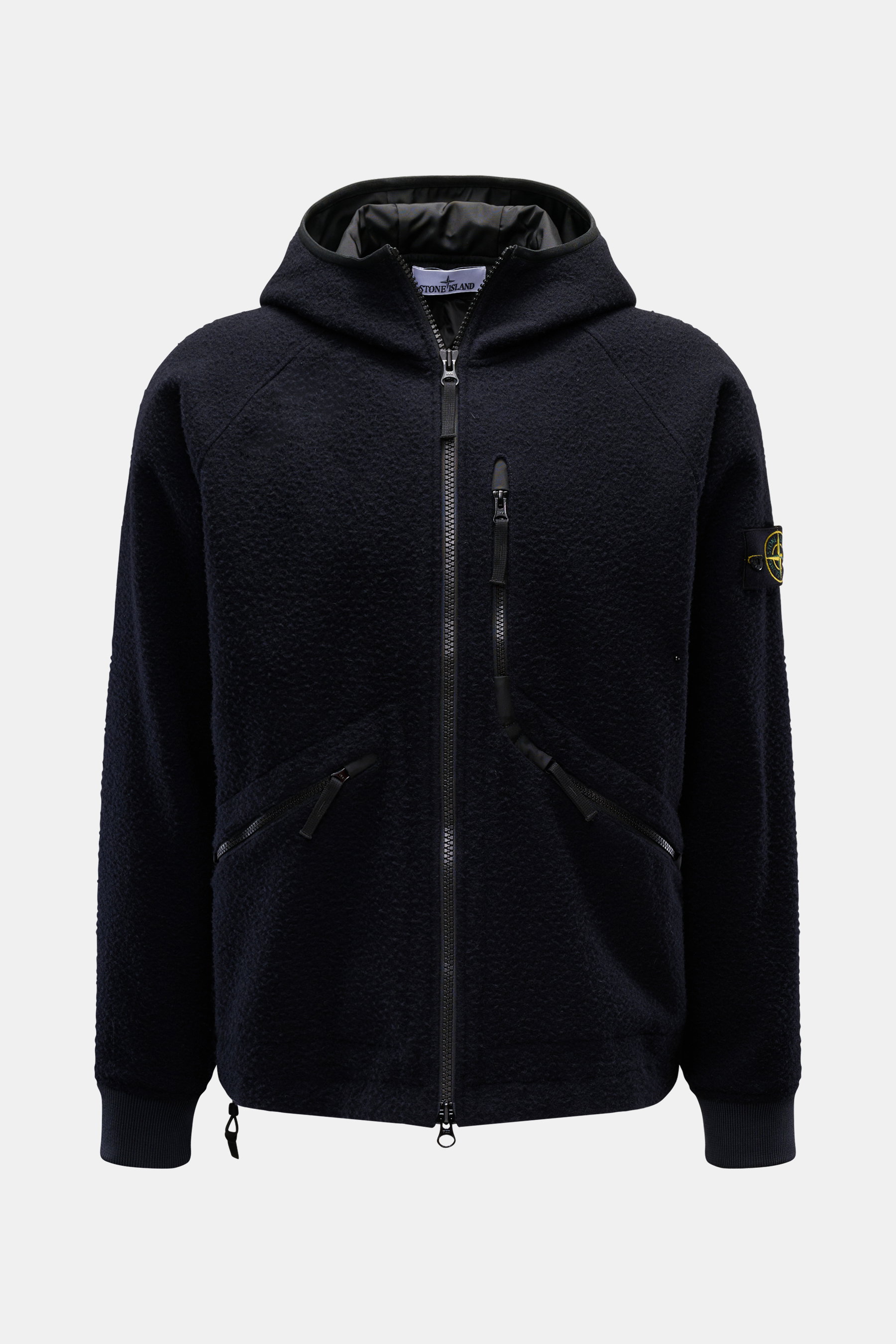 Stone Island Jacke 'Panno Ratinato' navy, frontale Ansicht, Kapuzenjacke mit Ratiné-Verarbeitung, Woll-Microfaser-Mix, zwei-Wege-Reißverschluss, Zipper-Taschen.