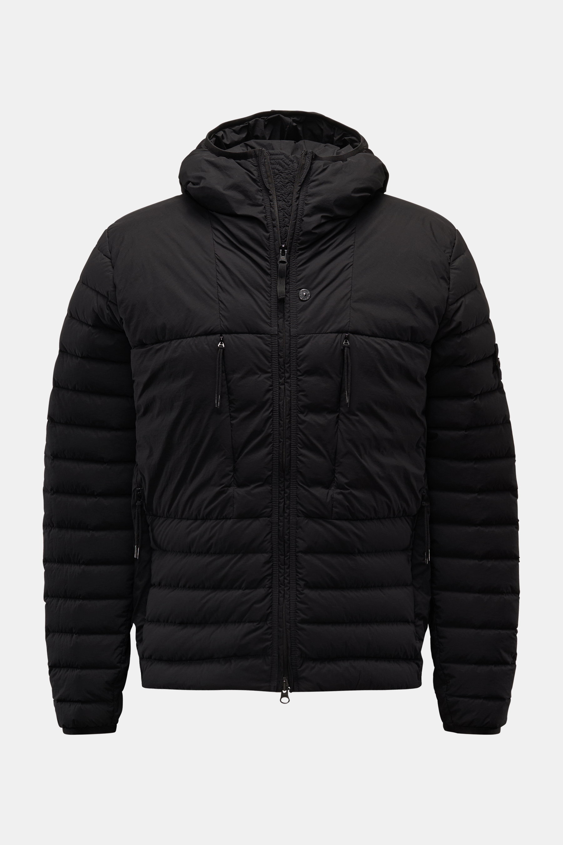 Stone Island Daunenjacke 'Seamless Tunnel Nylon Down-TC' schwarz, Frontansicht, Slim Fit, Kapuze, Zipper- und Hüfttaschen, Kompass-Badge.