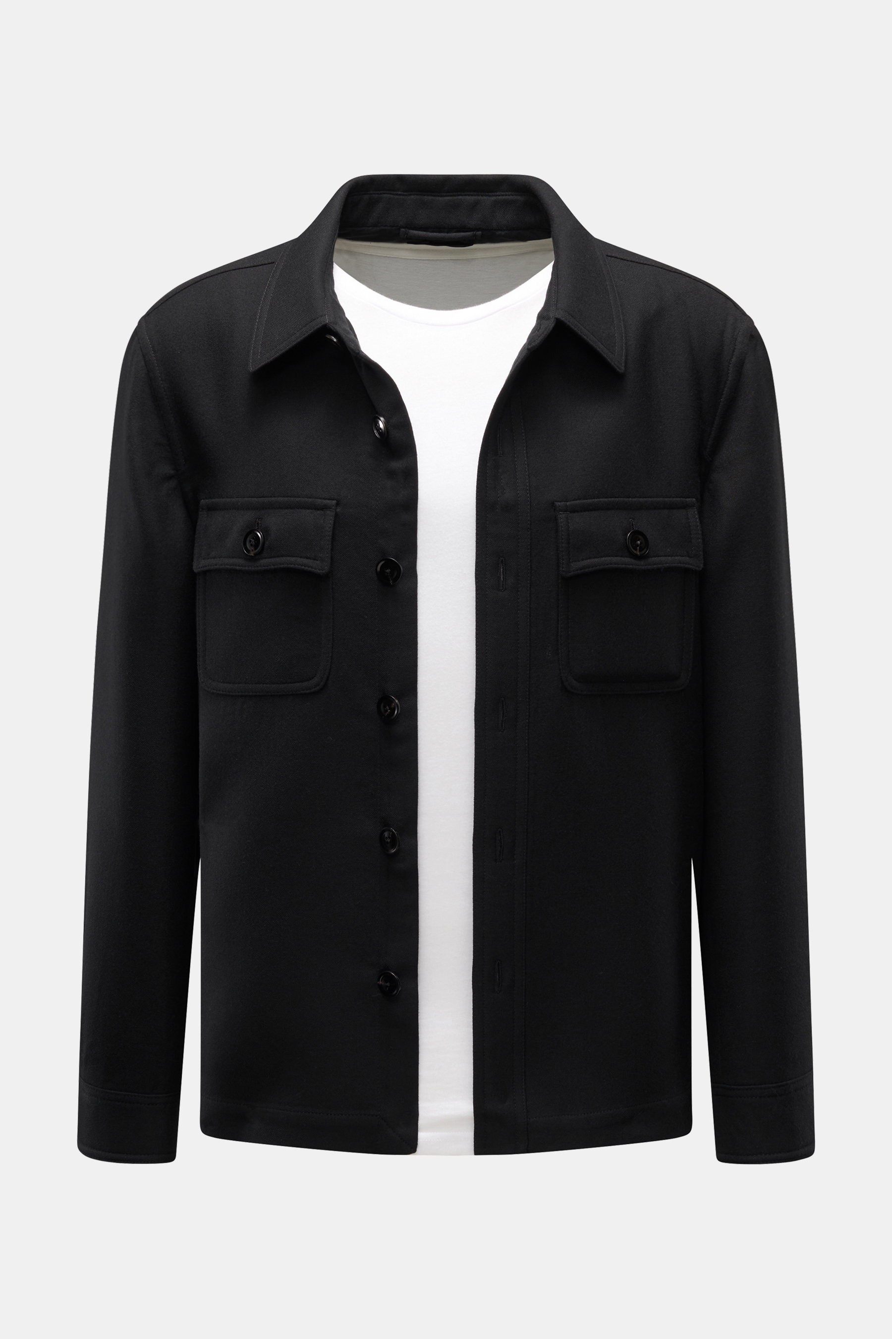 Vorderansicht der Tom Ford Jacke schwarz aus feinem Twill Wolle-Seide, Slim Fit, weicher Griff, Umlegekragen, Sechs-Knopf-Leiste, Brusttaschen mit Patte, Ärmel mit Knopf, Unconstructed Design.