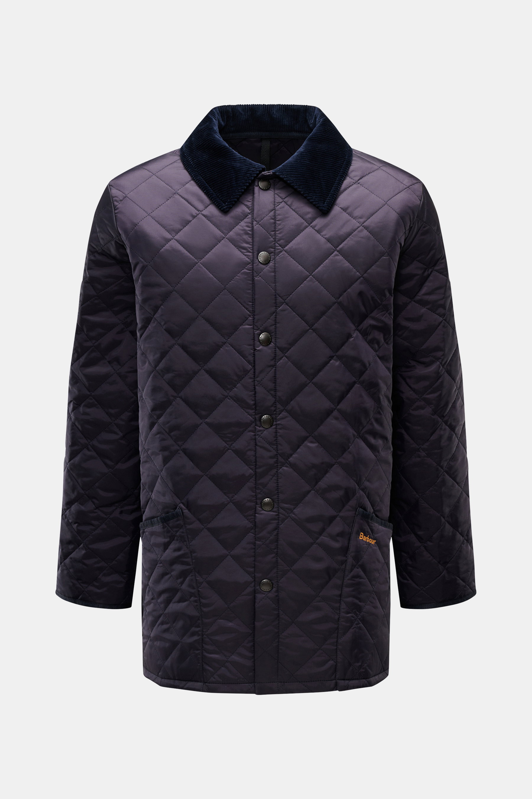 Barbour Steppjacke 'Liddesdale Quilt' navy, frontale Ansicht, gesteppte Microfaser, Cordkragen, leichte Wattierung, Regular Fit, Druckknopfleiste, Taschen.