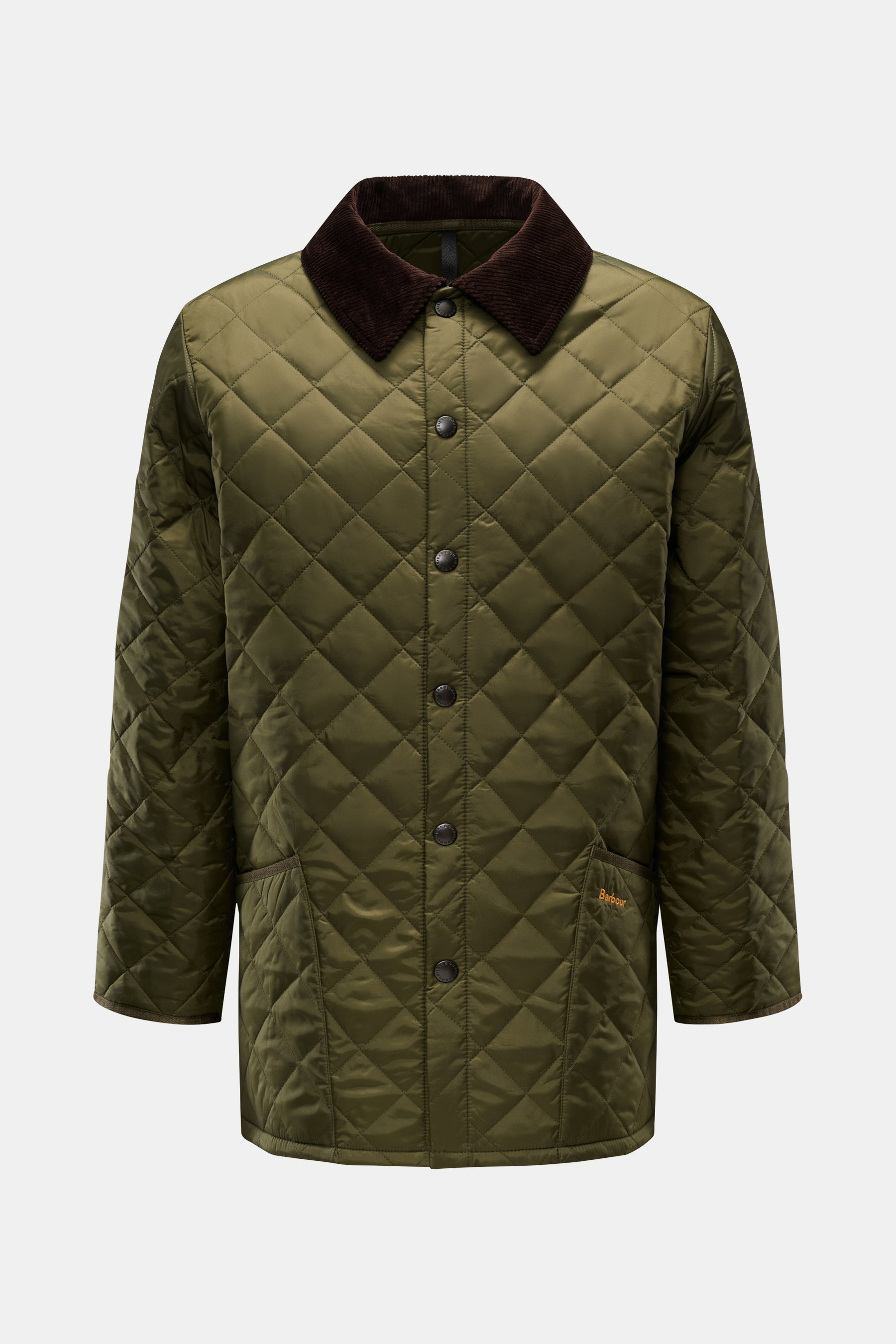 Barbour Steppjacke 'Liddesdale Quilt' oliv, frontal fotografiert, mit Cord-Kragen, Druckknopfleiste, Hüfttaschen, leichter Wattierung, Regular Fit.