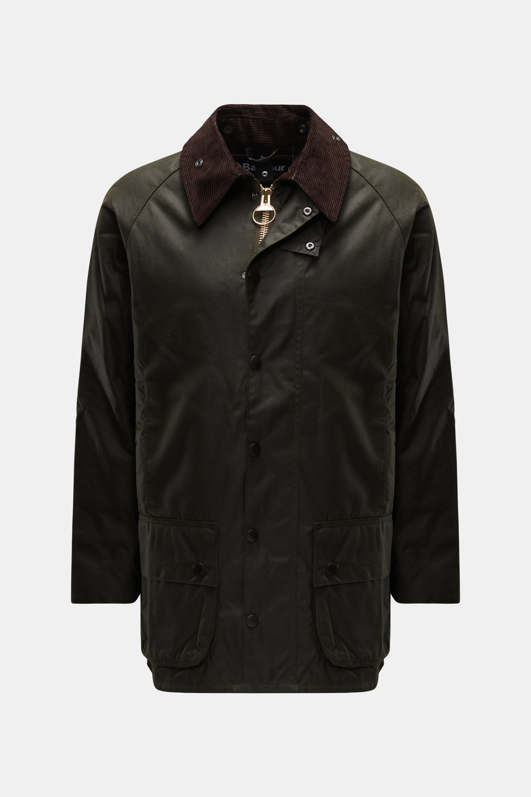 Barbour Wachsjacke 'Beaufort' dark olive, frontale Nahaufnahme, gewachste Baumwolle, Cordkragen, Regular Fit, wasserabweisend, Taschen, Reißverschluss.