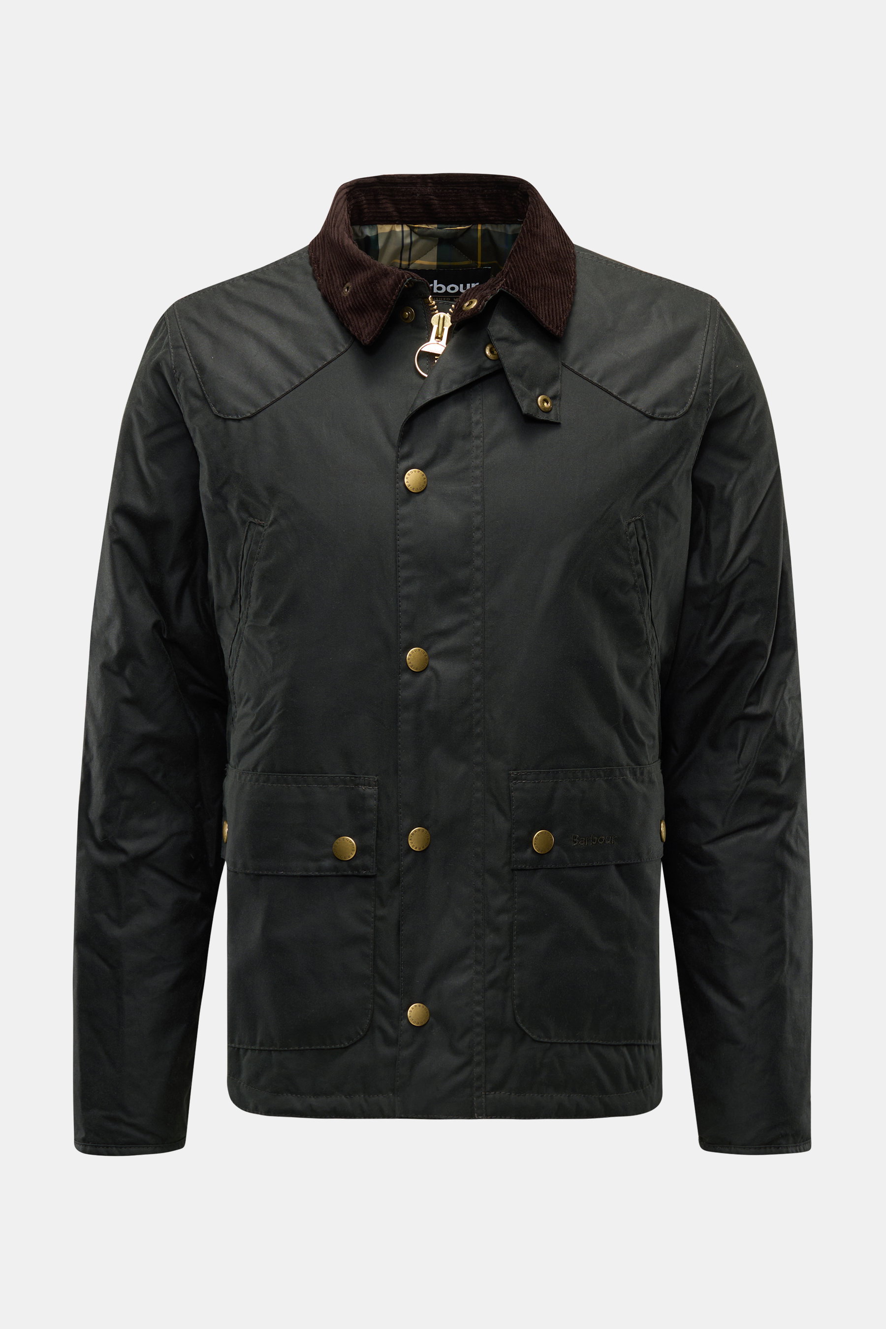 Barbour Wachsjacke 'Reelin Wax' dark olive, frontale Nahaufnahme, gewachste Baumwolle, leichte Wattierung, Cordkragen, wasserabweisend, Slim Fit.