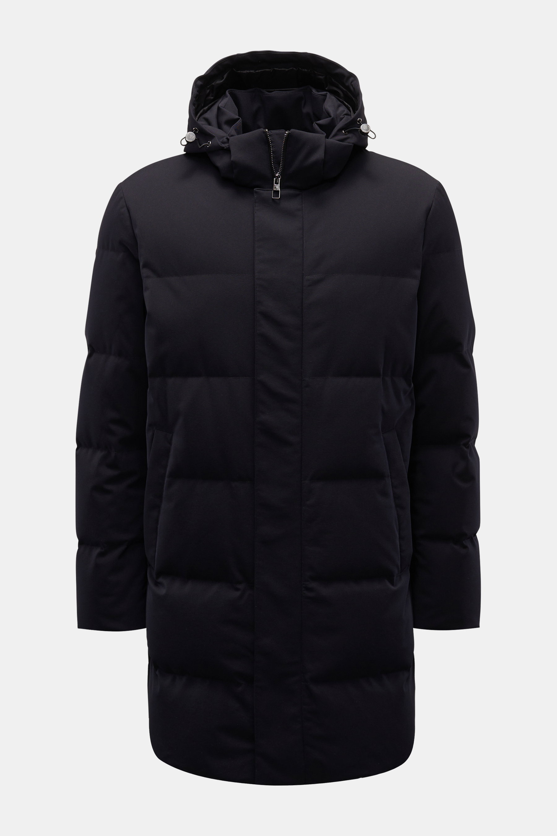 Montecore Daunenmantel dark navy, frontal fotografiert, hochwertige Microfaser, leicht griffig, wind- und wasserabweisend, atmungsaktiv, Entendaunenfüllung, Regular Fit, Zwei-Wege-Reißverschluss, Windblende mit Druckknöpfen, hoch schließender Kragen mit a
