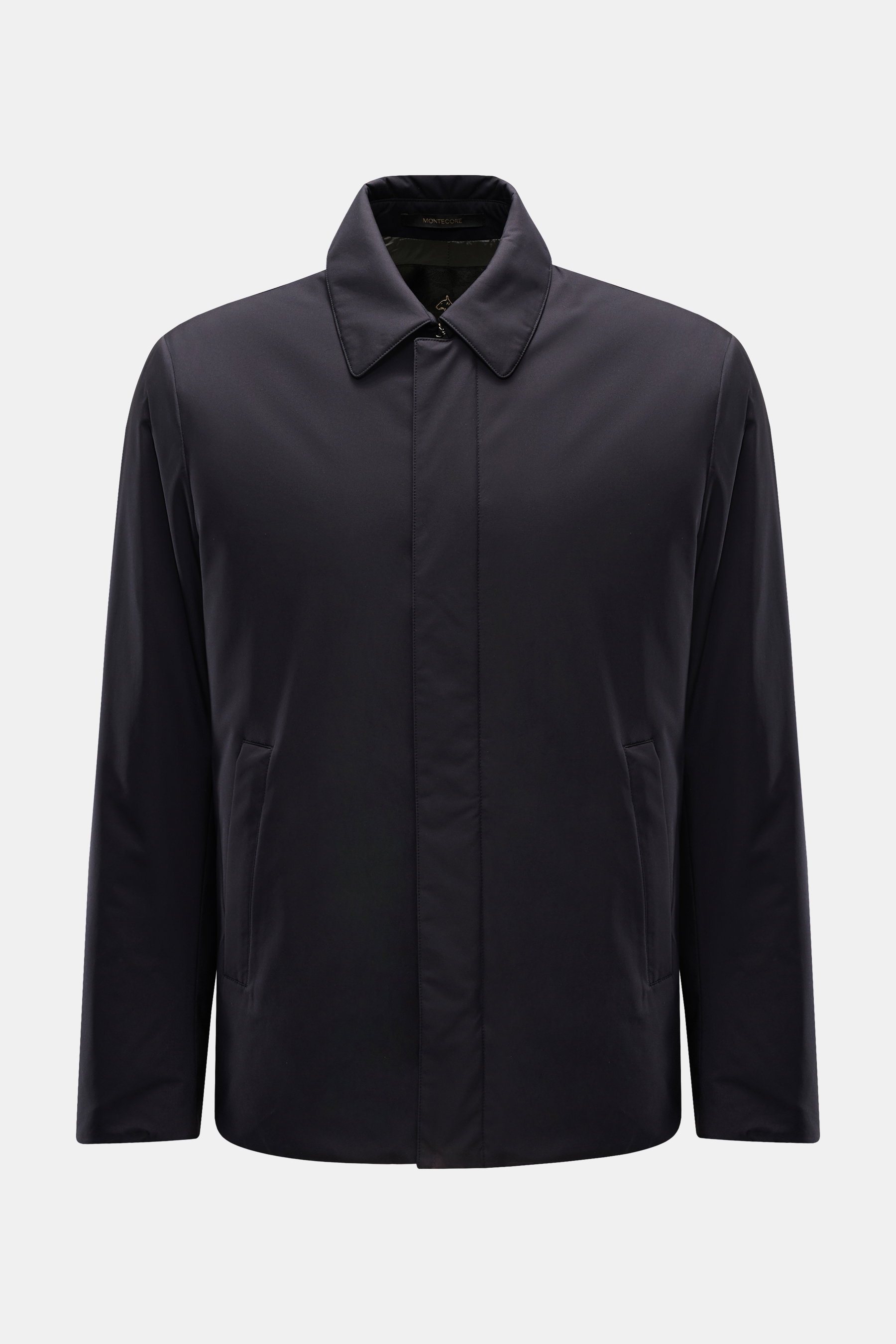 Montecore Daunenjacke navy, Slim Fit, aus Microfaser mit glattem Griff, leichte Daunenfüllung, Umlegekragen, Windblende, schräge Leistentaschen, zwei Innentaschen, Frontansicht.
