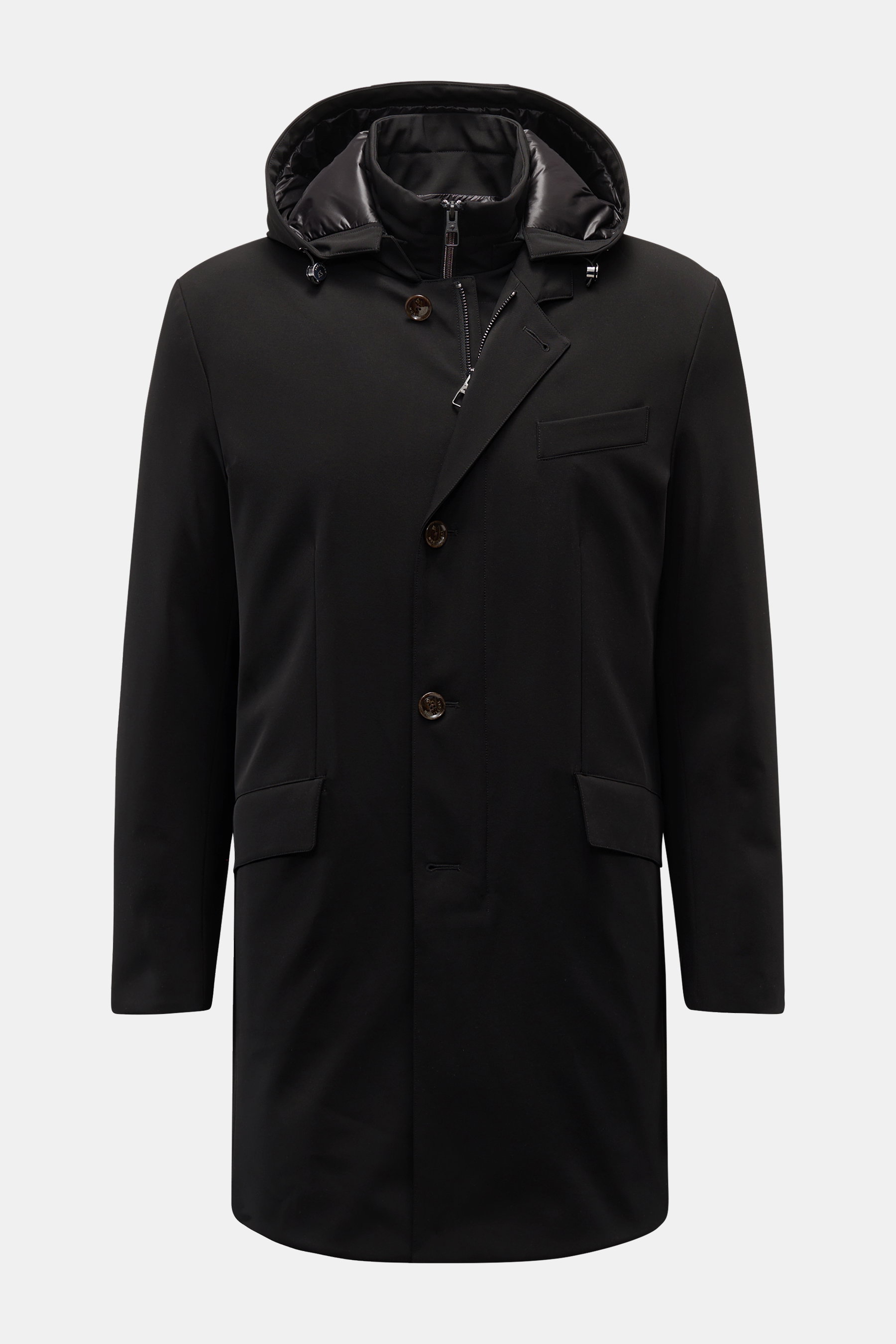 Montecore Daunen-Kurzmantel schwarz, frontale Ansicht, wind- und wasserabweisend, AeroTwill, abnehmbare Kapuze, Double-Front, Slim Fit, mit Taschen.