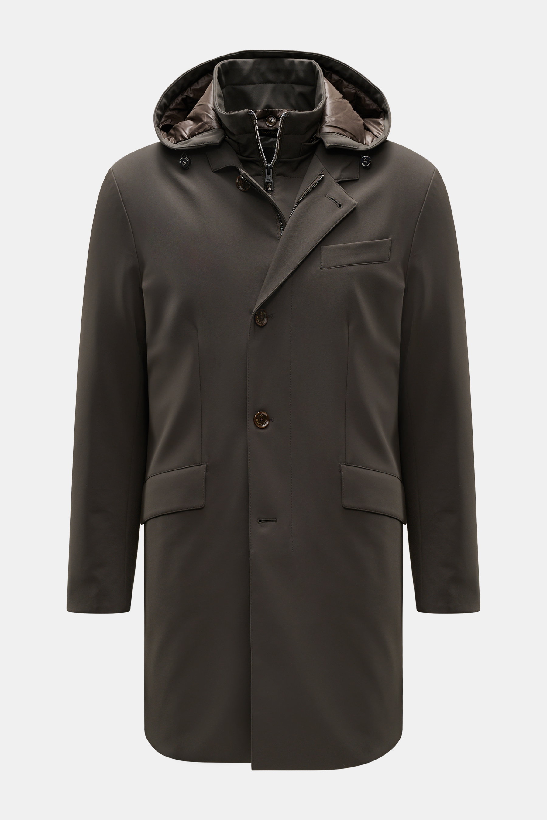 Montecore Daunenjacke dark olive, frontale Nahaufnahme, wind- und wasserabweisendes AeroTwill mit Double-Front, Kapuze, Slim Fit, Taschen.