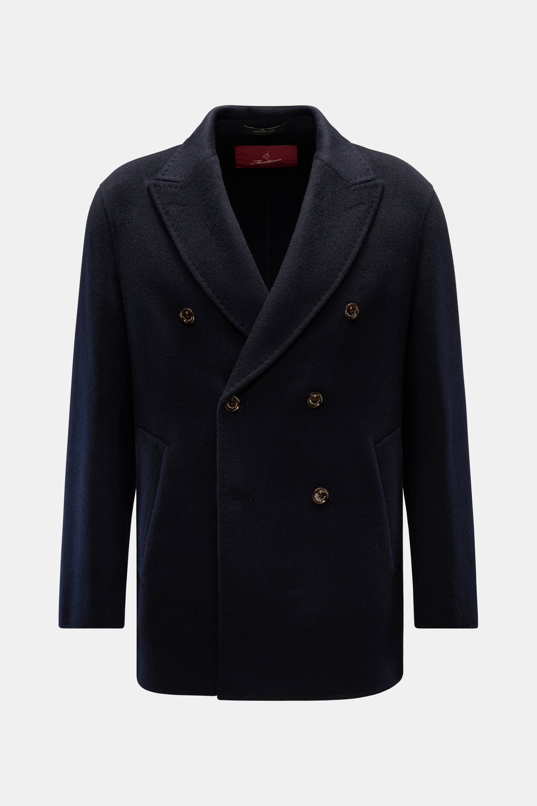 Montecore Cashmere Cabanjacke navy, Frontansicht, Slim Fit, zweireihige Knopfleiste, Spitzrevers, schräge Taschen, reine Cashmere, soft, ungefüttert, Knopfärmel.