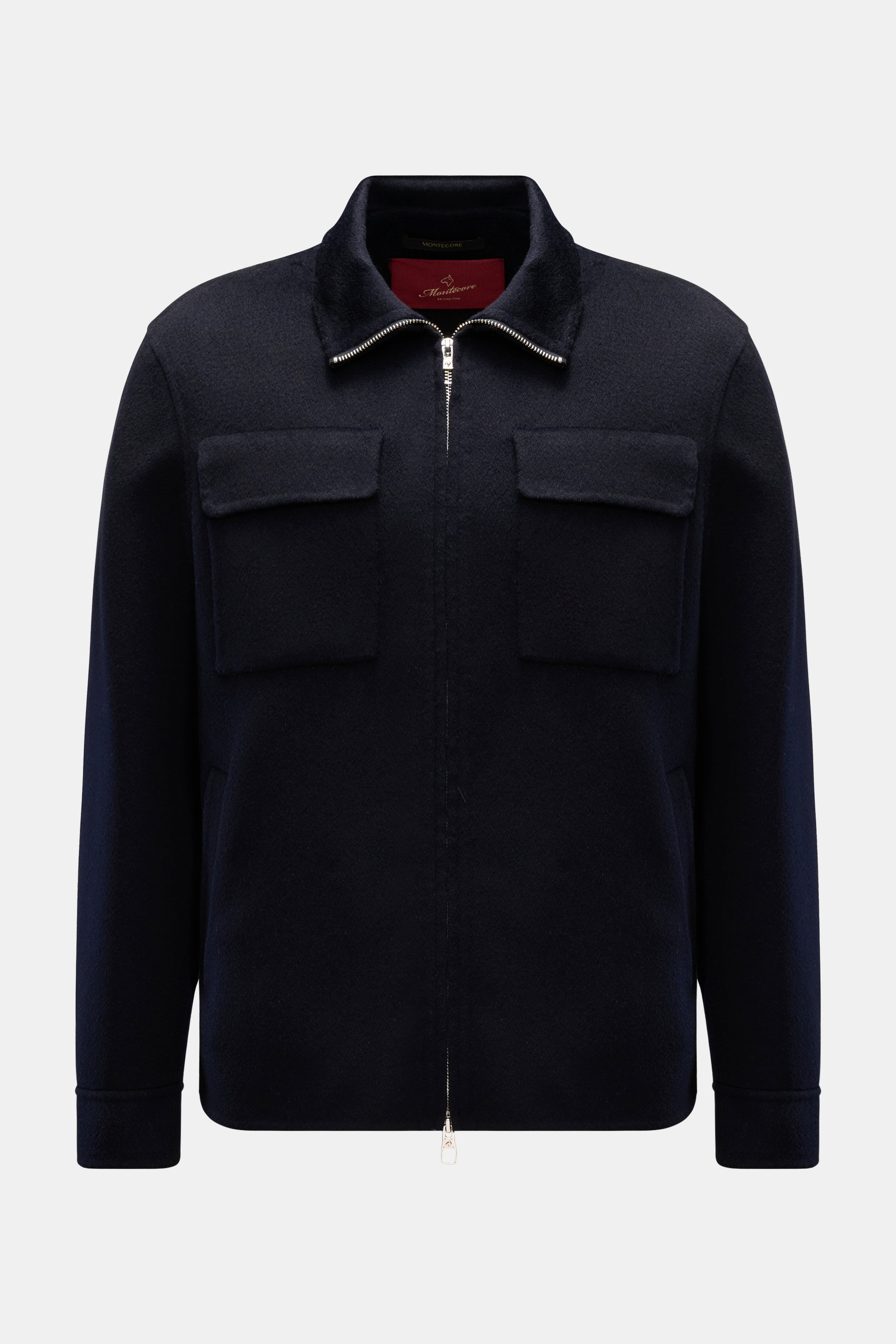 Montecore Cashmere Jacke navy, frontale Ansicht, Slim Fit, reiner Cashmere, robuster Zwei-Wege-Reißverschluss, aufgesetzte Brusttaschen, hoher Kragen, leichte Übergangsjacke.