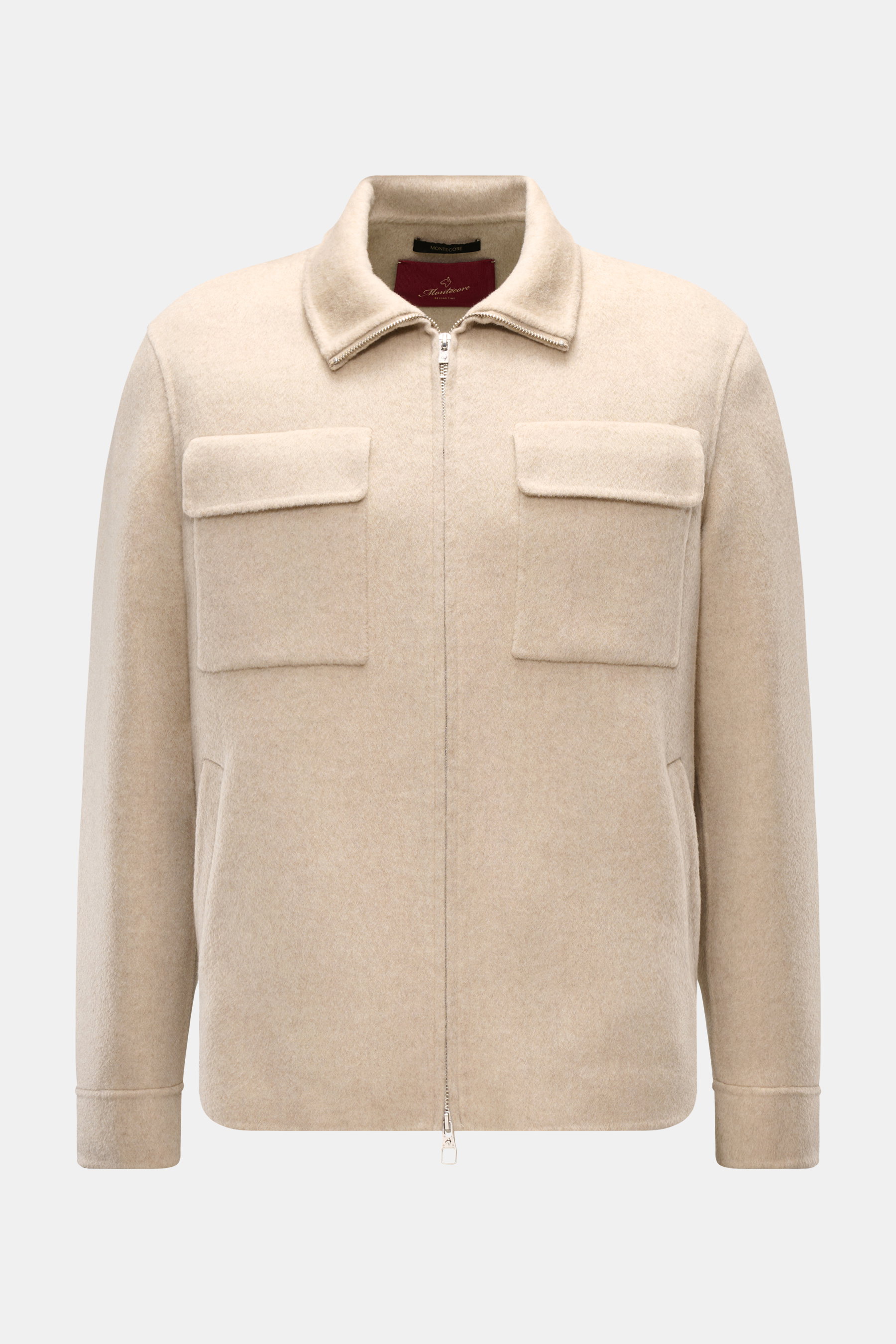 Montecore Cashmere Jacke beige, frontale Ansicht, Slim Fit, reiner Cashmere, zwei große Brusttaschen, robuster Zwei-Wege-Reißverschluss, hochschließender Kragen.