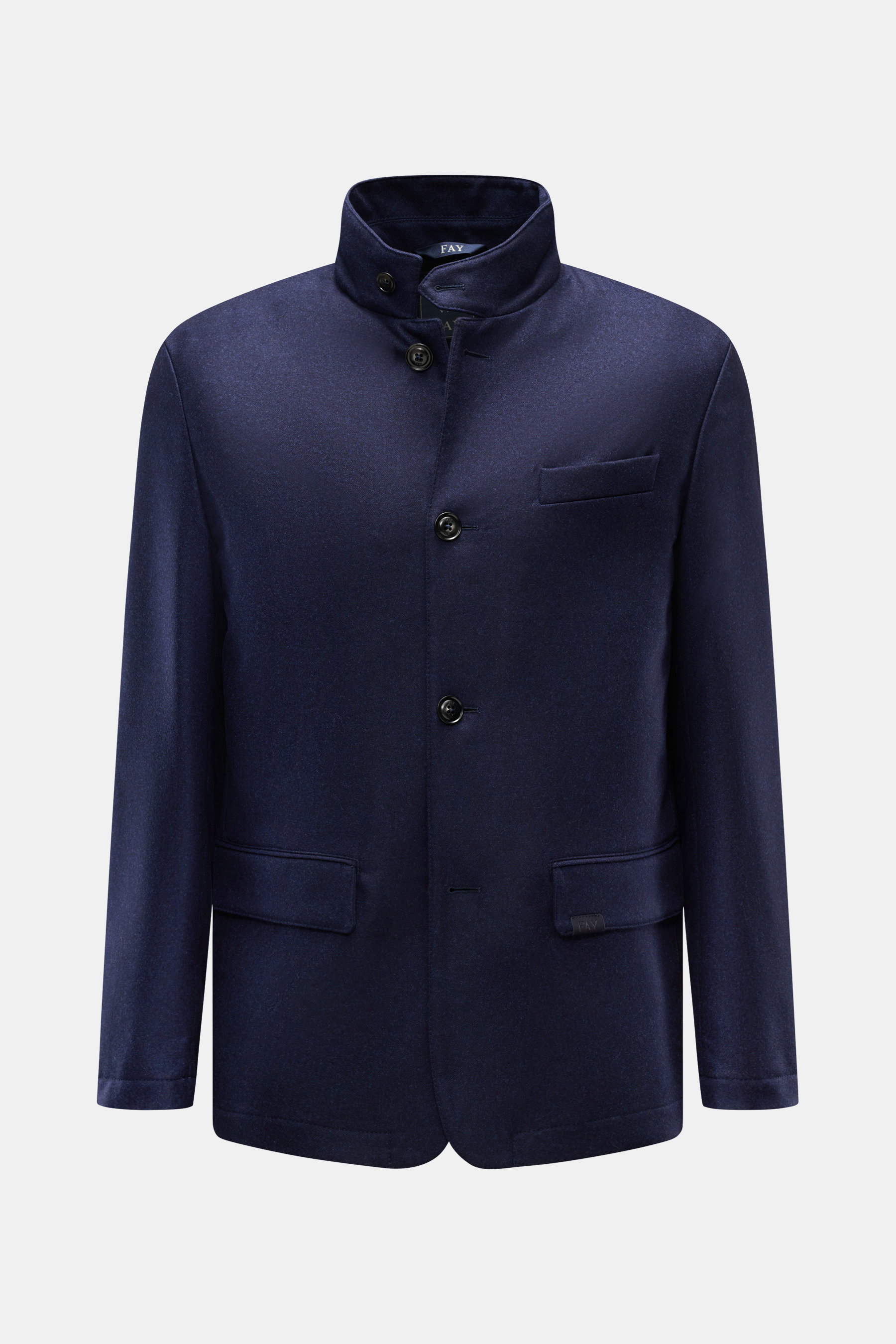 Fay Jacke navy, frontale Perspektive, Slim Fit Übergangsjacke aus reiner Wolle mit Stehkragen, Vier-Knopf-Leiste, Brust- und Hüfttaschen, weicher Griff.