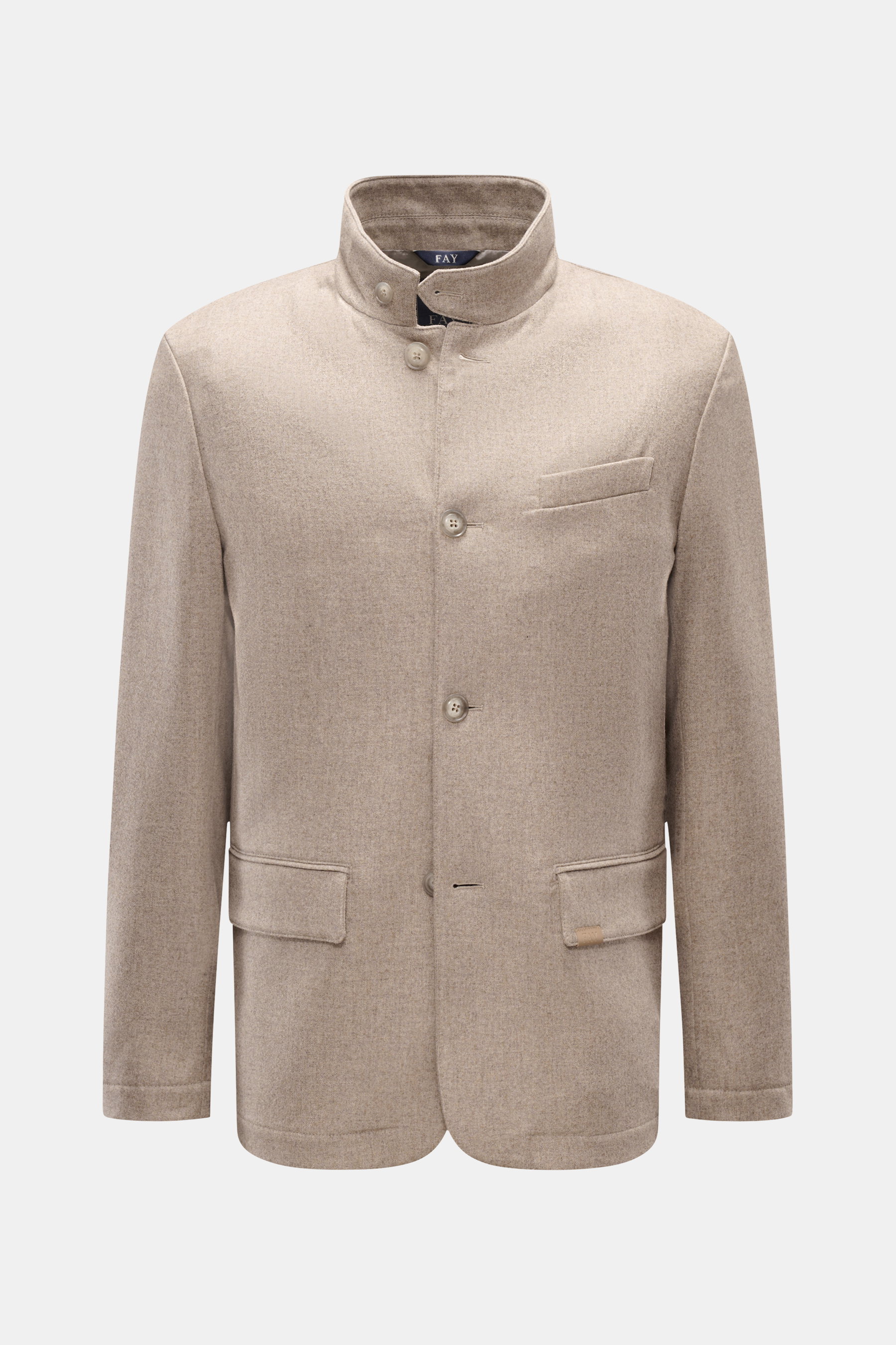 Beige melierte Fay Jacke in Slim Fit aus reiner Wolle mit Stehkragen, Vier-Knopf-Leiste, Brust- und Hüfttaschen, frontal fotografiert.
