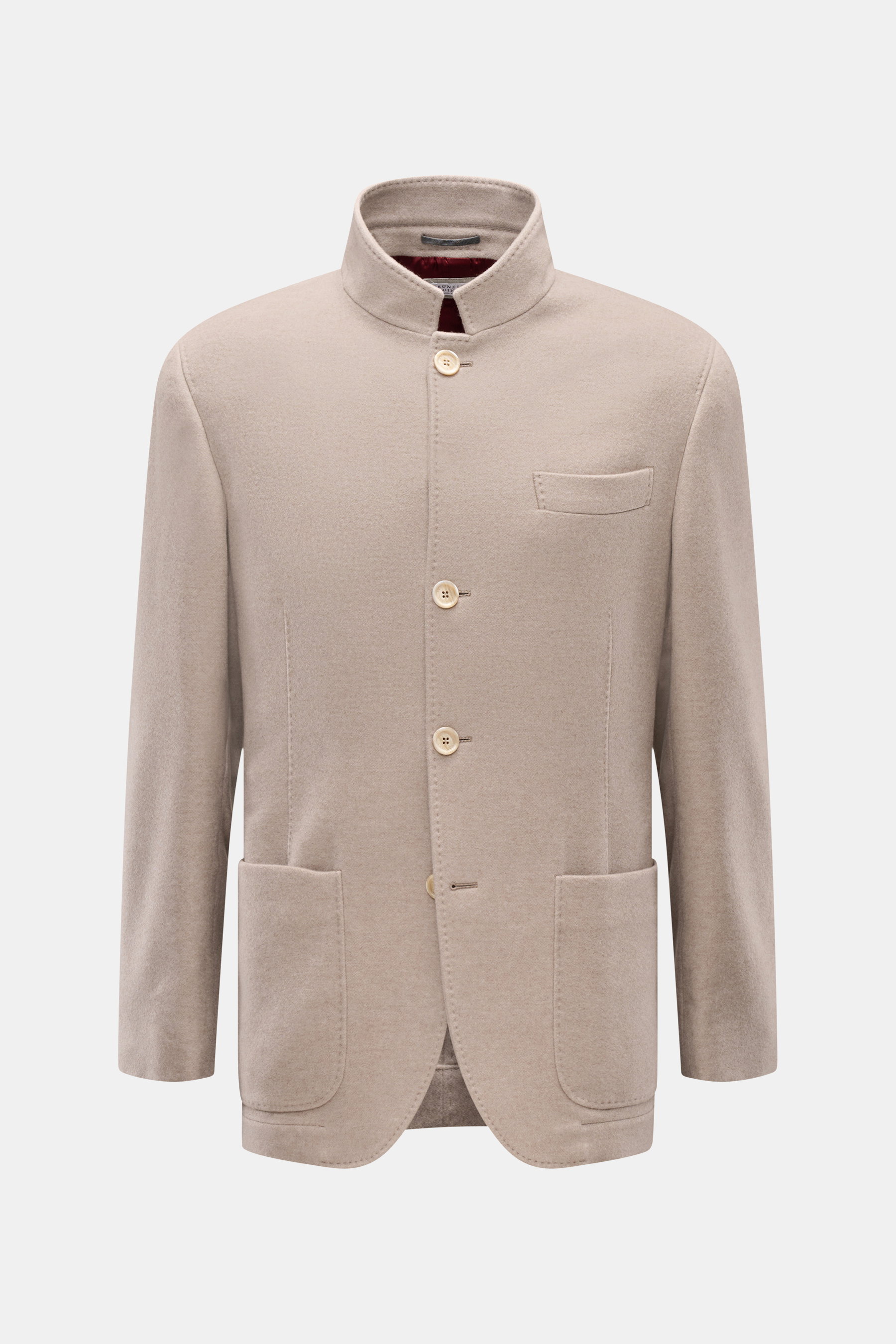 Brunello Cucinelli Cashmere Jacke beige, Slim Fit, wasserabweisend, mit Vier-Knopf-Leiste, Brusttasche, Hüfttaschen, Knopfärmeln, rückwärtigen Seitenschlitzen, halb gefüttert, drei Innentaschen, frontal fotografiert.
