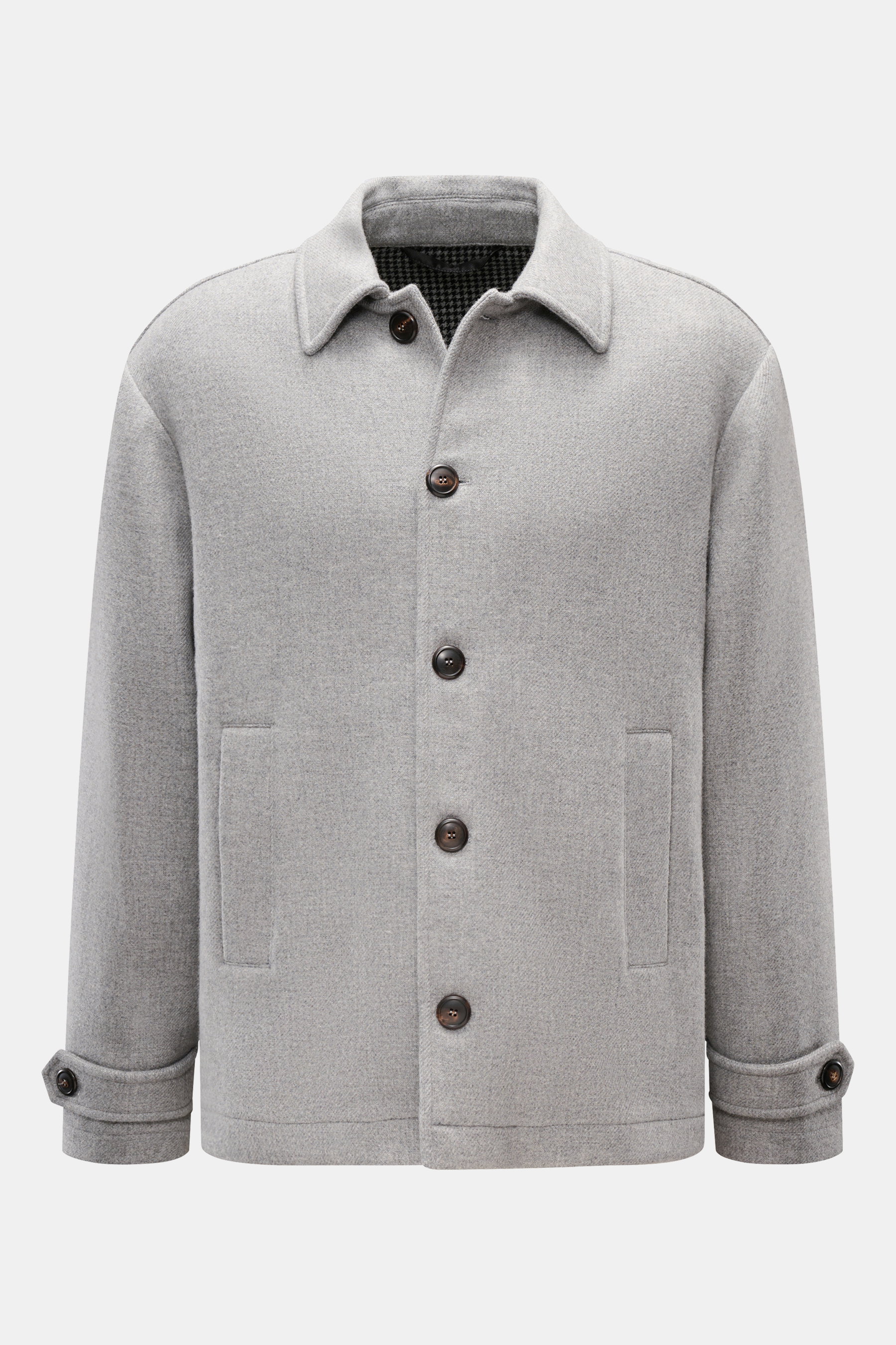 Doppiaa Jacke 'Aarneis' grau vorn frontal, Doubleface aus Wolle/Cashmere, Fünf-Knopf-Leiste, Umlegekragen, innen Hahnentritt-Muster, Regular Fit.