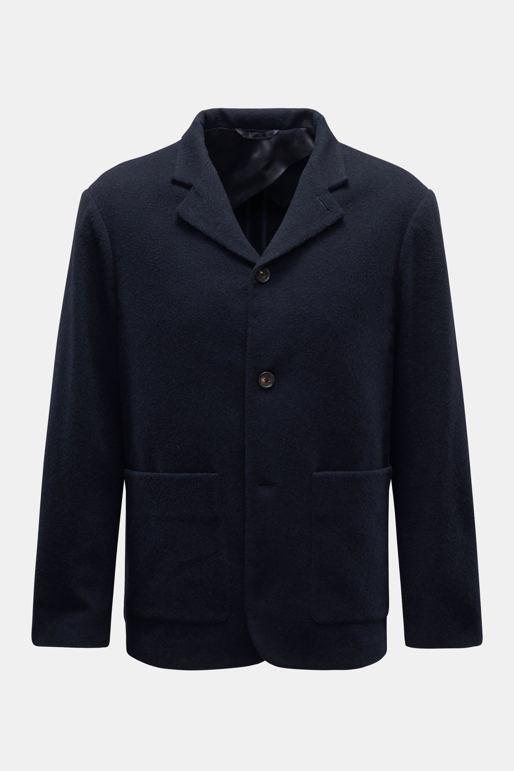 Doppiaa Jacke 'Aaneto' navy, frontal fotografiert, Slim Fit mit Wolle, Cashmere, Microfaser, Vier-Knopf-Leiste, variabler Kragen, aufgesetzte Taschen.