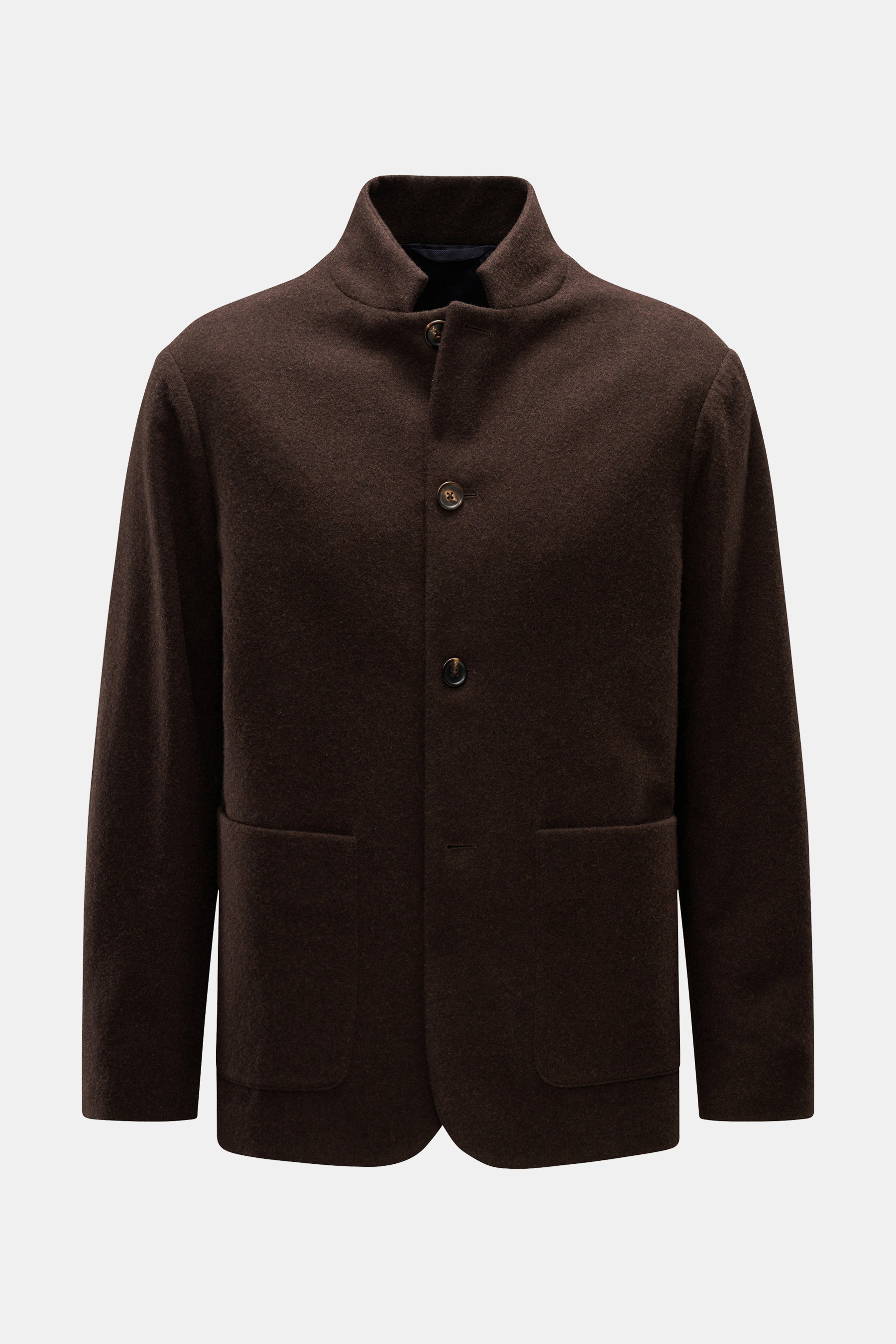 Doppiaa Jacke 'Aaneto' dunkelbraun, Slim Fit, mit vier Knöpfen, variablem Kragen, aufgesetzten Taschen, aus Wolle, Cashmere, Microfaser, frontal fotografiert.