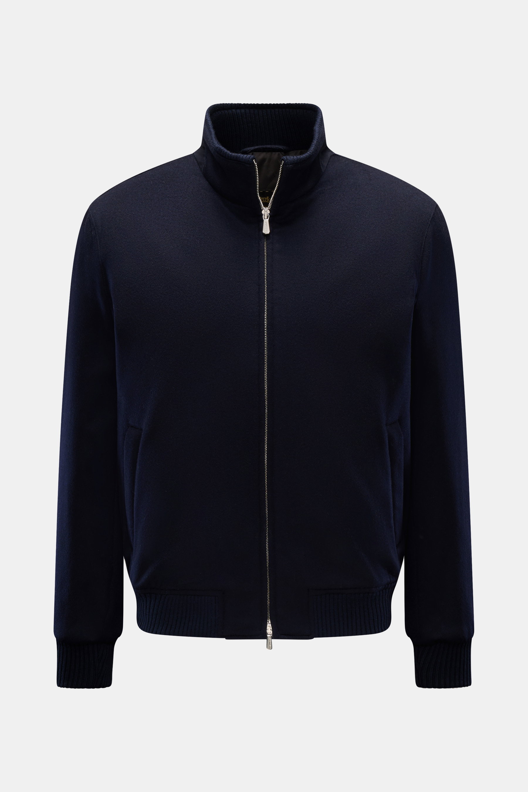 Mandelli Cashmere Blouson navy, frontale Ansicht, reiner Cashmere, weiche Haptik, Ziegenveloursleder-Besatz, Stehkragen, leichte Wattierung, Regular Fit.