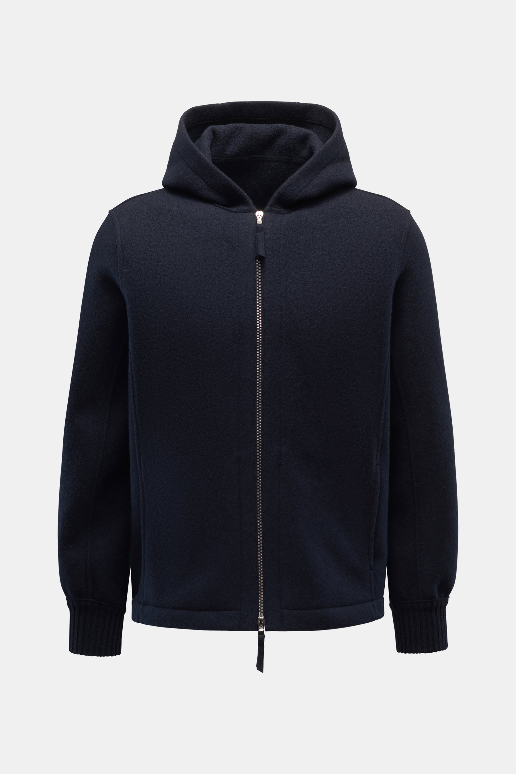 Lunaria Cashmere Cashmere Jacke navy, ungefüttert, Slim Fit mit Kapuze, Zwei-Wege-Reißverschluss, gerippten Ärmelbündchen, vorne und seitlich fotografiert.