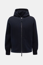 Front view of Lunaria Cashmere Cashmere Jacke navy, a slim fit, unlined jacket made of 100% pure cashmere with a hood, ribbed cuffs, side seam pockets, and a two-way zipper, offering a very soft feel and modern sporty style for the transition between summ