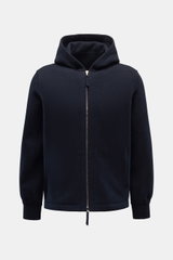 Front view of Lunaria Cashmere Cashmere Jacke navy, a slim fit, unlined jacket made of 100% pure cashmere with a hood, ribbed cuffs, side seam pockets, and a two-way zipper, offering a very soft feel and modern sporty style for the transition between summ