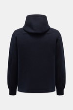 Back view of the Lunaria Cashmere Cashmere Jacke navy, an unlined, slim-fit jacket made of pure, soft, felted cashmere with a hood, elastic cuffs, and side seam pockets. Puristischer Luxus: Diese ungefütterte Jacke aus 100 % Cashmere von LUNARIA CASHMERE 