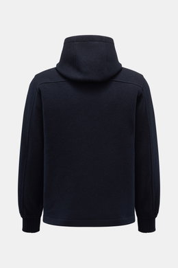 Back view of the Lunaria Cashmere Cashmere Jacke navy, an unlined, slim-fit jacket made of pure, soft, felted cashmere with a hood, elastic cuffs, and side seam pockets. Puristischer Luxus: Diese ungefütterte Jacke aus 100 % Cashmere von LUNARIA CASHMERE 