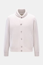 Lunaria Cashmere Cashmere Strickblouson hellgrau, Slim Fit, gewalkt, ohne Innenfutter, mit Blousonkragen, Fronttaschen und breiten Rippbündchen, Frontalansicht.