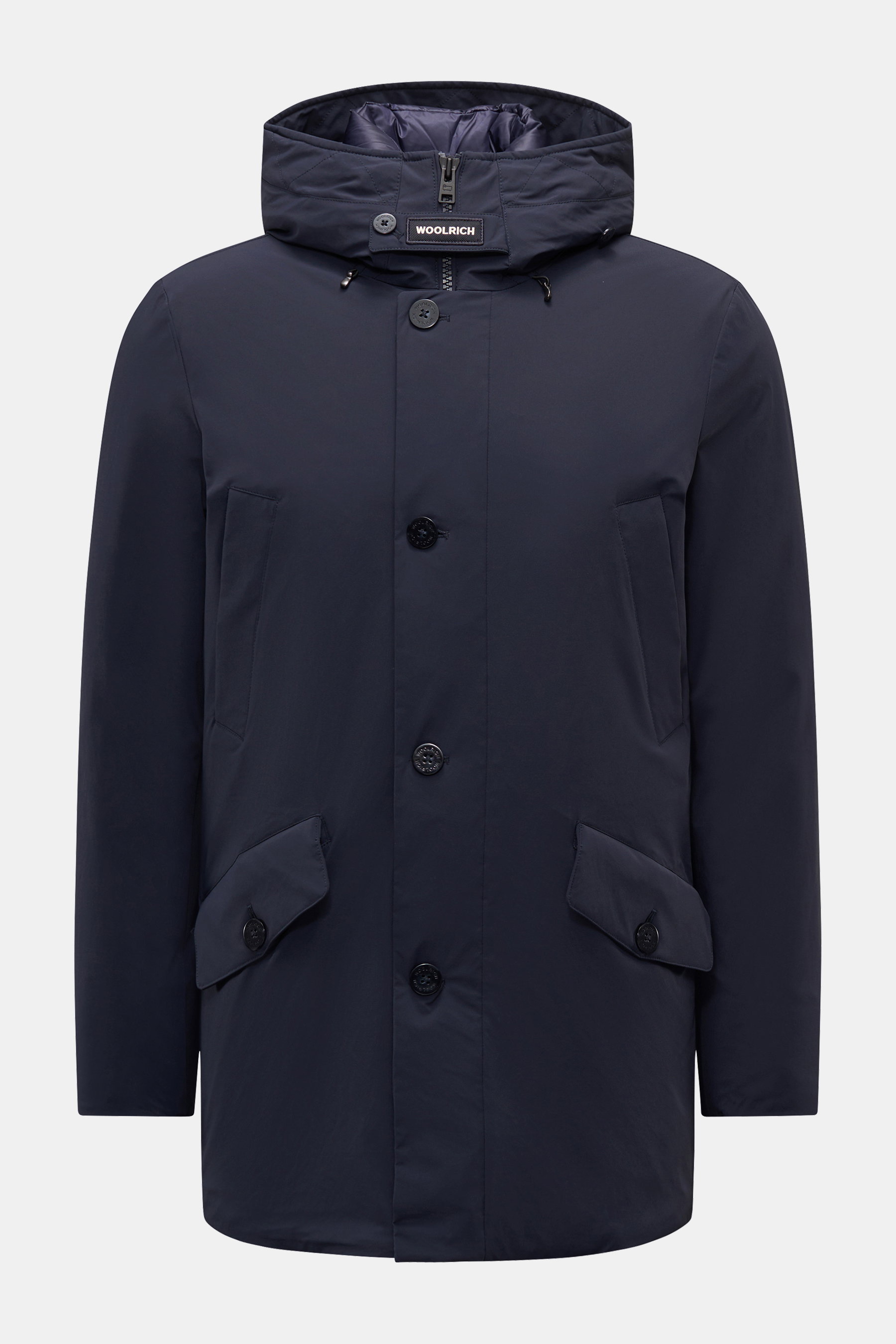 Woolrich Daunenparka 'Stretch Arctic' navy, frontale Aufnahme, wind- und wasserabweisend, leichte Daunenfüllung, wattierte Kapuze, Slim Fit, Fronttaschen mit Patte.