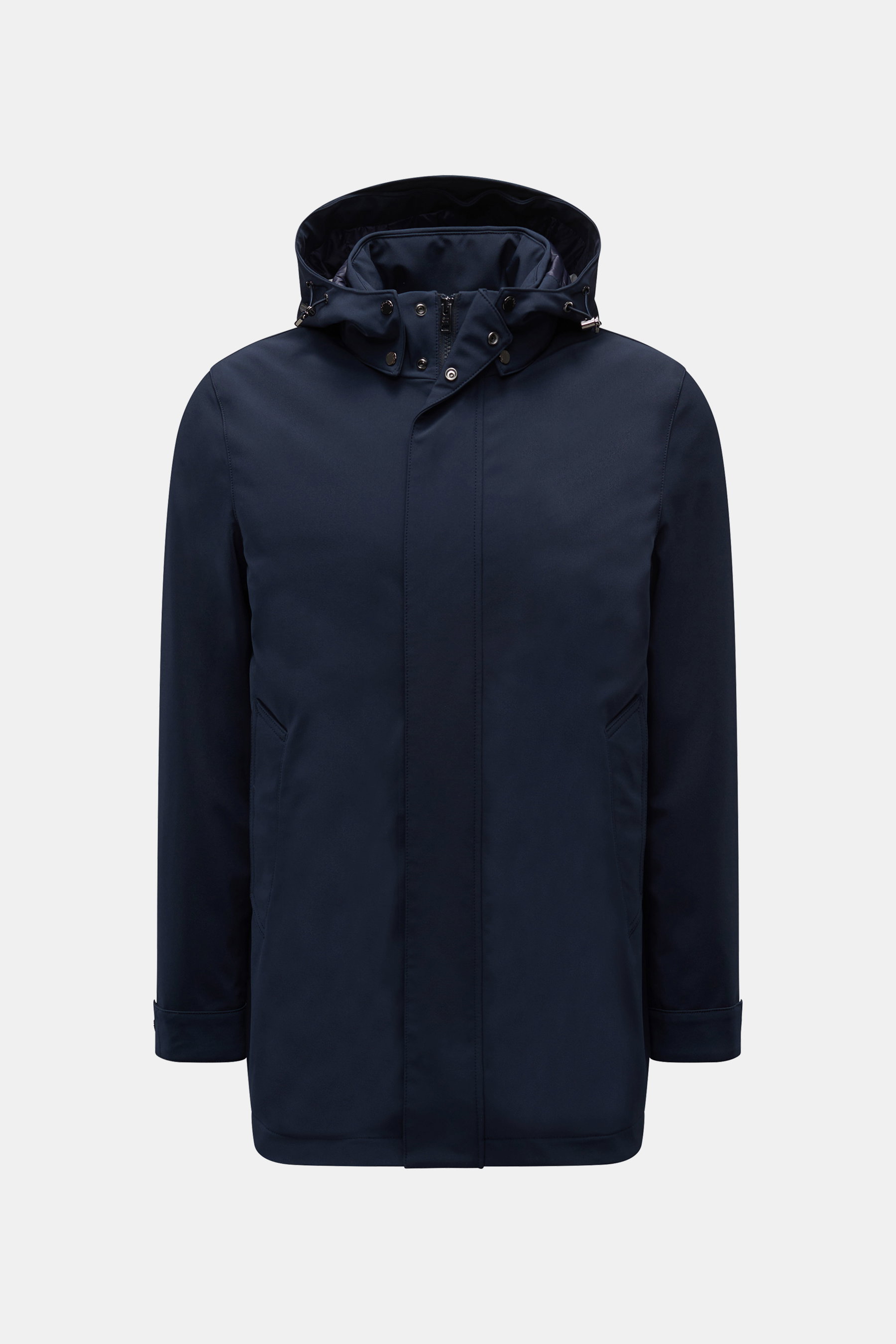Woolrich Softshell-Daunenparka schwarz, frontale Ansicht, Slim Fit, wasserabweisend, elastische Microfaser, Daunenfüllung, Kapuze, Zwei-Wege-Reißverschluss.