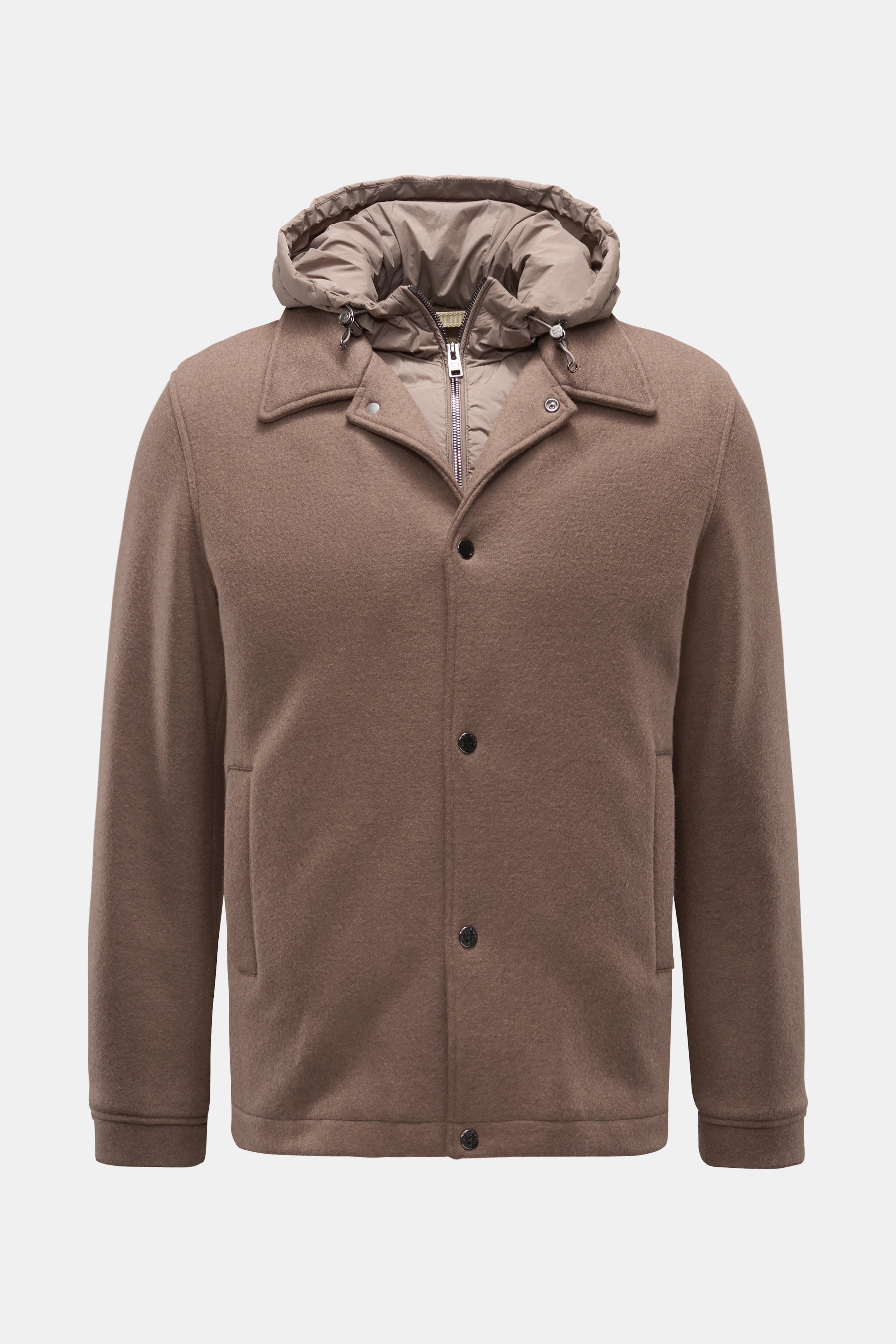 Woolrich Wolljacke navy, Slim Fit, reine Schurwolle mit weichem Griff, Fünf-Knopf-Leiste, Umlegekragen, Brust- und Hüfttaschen, ungefüttert, Innentasche, Knopfriegel hinten, frontale Perspektive.