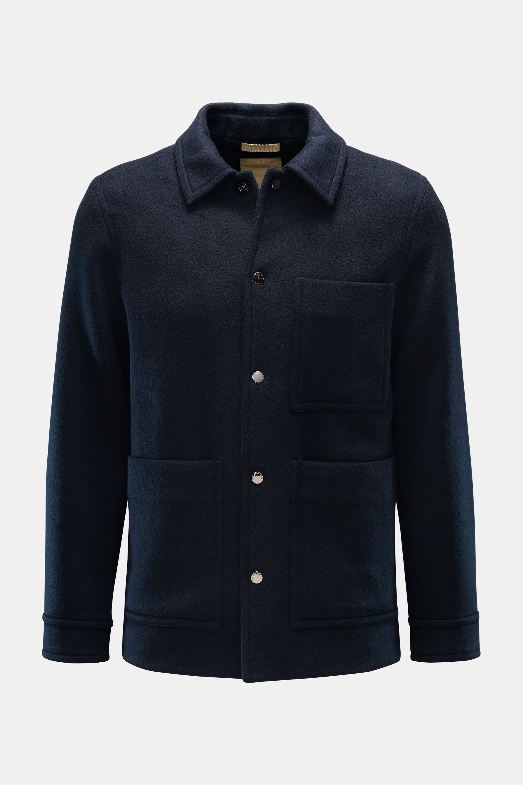 Woolrich Jacke 'Chore' navy, frontale Ansicht, Slim Fit, leichter Woll-Mix, Druckknopfleiste, Umlegekragen, Brust- und Hüfttaschen, Innentasche, glattes Futter.