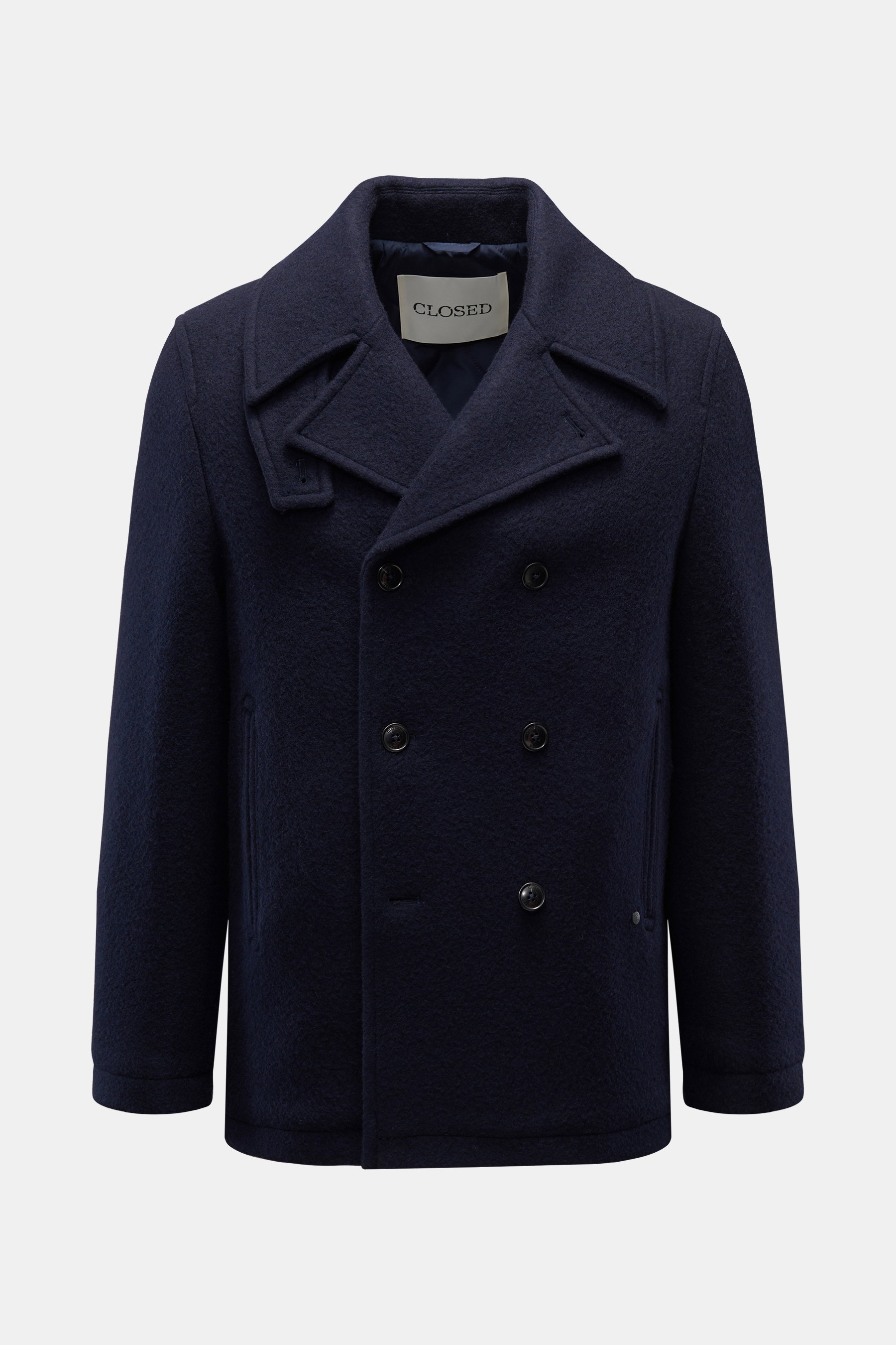 Frontansicht der Closed Cabanjacke navy aus weichem Woll-Mix mit breitem Revers, Slim Fit, zweireihiger Knopfleiste und schrägen Taschen.